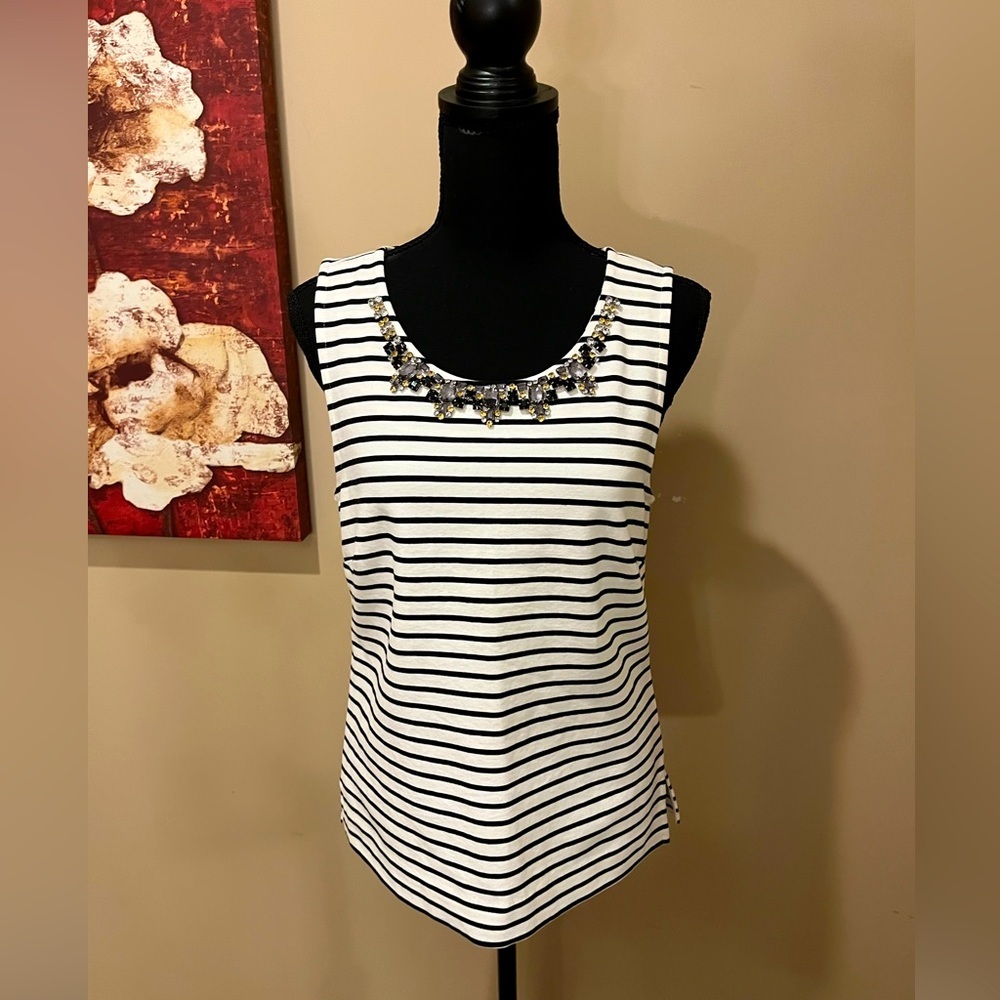 J Crew Sleeveless Black & White Striped Tank Top w/ Embellished Neckline, Small